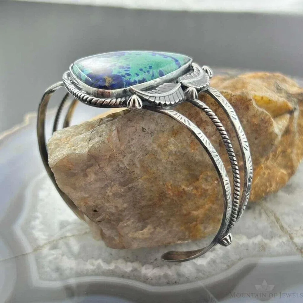 Sterling Southwestern Style Large Triangle Azurite Decorated Bracelet For Women